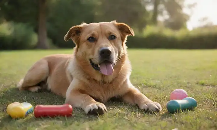 Un perro tranquilo acostado con patas dobladas, sosteniendo un juguete en boca, rodeado de juguetes dispersos y golosinas en un fondo pastoso, con una cálida luz solar filtrando a través de los árboles a distancia