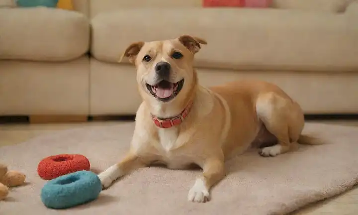 Un perro amistoso con clavos trimados, acostado en una manta suave, en un salón bien iluminado, rodeado de juguetes y golosinas, con una expresión relajada, usando un lindo collar, contra un cálido fondo beige