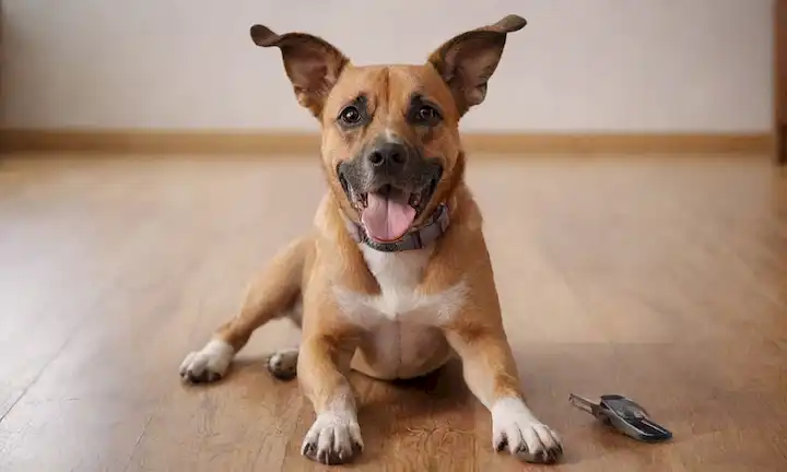 3D ilustración de un perro feliz sentado en un piso de madera