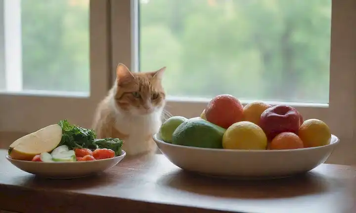 Un plato de verduras y frutas coloridas para gatos, un tazón de agua fresca, un gato acostado cerca, luz natural que se derrama desde la ventana, un ambiente tranquilo con unos pocos juguetes en el fondo, un catnip o tarro de golosina en el lado, un resplandor suave caliente, un ambiente tranquilo