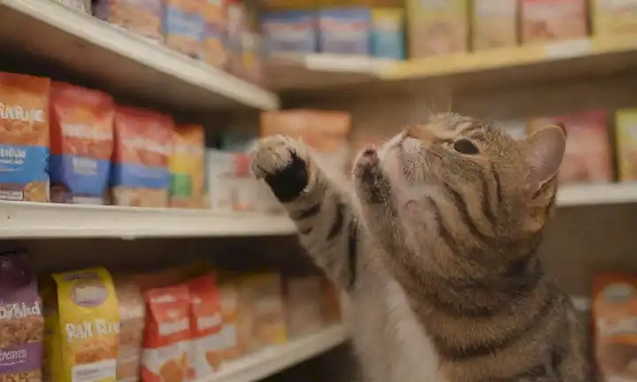 3 gatos rodeados de comida, estantes llenos de kibble gato y comida húmeda, el dueño del gato alcanzando para una bolsa, embalaje colorido en exhibición, gatito feliz en el primer plano sniffing out treats