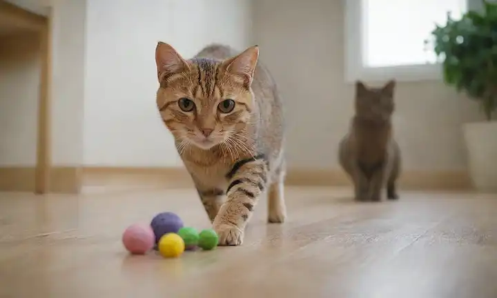 3-4 felinos saludables con diferentes longitudes y colores del abrigo, participando en actividades lúdicas (por ejemplo, persiguiendo un puntero láser), rodeado de varios juguetes del gato y un tazón de comida fresca, con un fondo limpio y minimalista, tal vez un salón o escena de la cocina