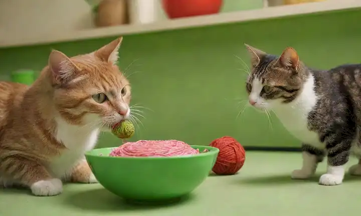 2 gatos con diferentes colores de abrigo, uno jugando con una bola de hilado, otro olfateando un tazón de comida, fondo verde, utensilios de cocina y juguetes de gato cerca, iluminación caliente, fotografía de alta calidad