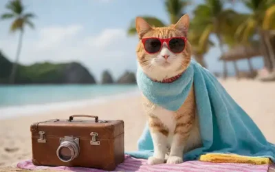Un gato sonriente sentado en una maleta