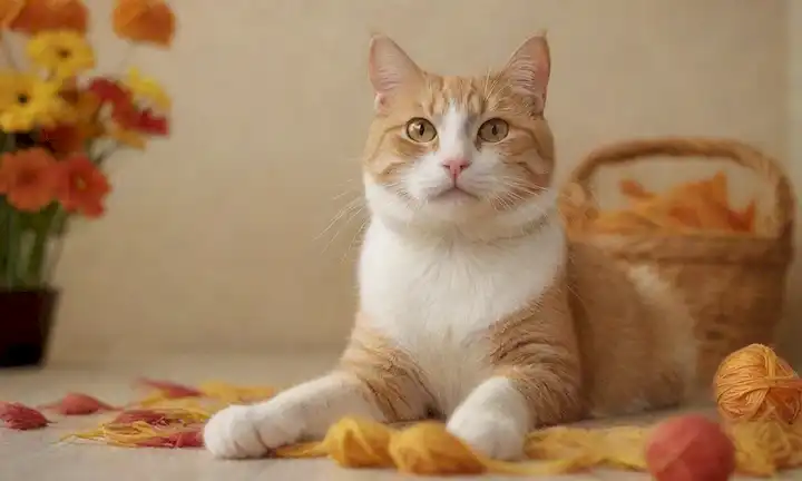 Un gato feliz jugando con hilo, rodeado de hojas de otoño y flores vibrantes, con un sutil gradiente de tonalidades amarillas y naranjas en el fondo, representando un ambiente acogedor hogareño, con una fuente de luz cálida destacando los gatos expresión curiosa, mostrando un felino sano y juguetón
