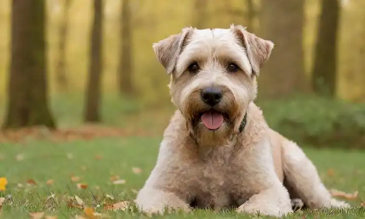 Una imagen de tono cálido de un perro de raza suave caliente terrier con un abrigo suave y ojos marrones grandes