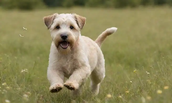 Un alegre cachorro de jersey de trigo suave con un abrigo suave, corriendo en un prado verde, rodeado de flores silvestres, y mariposas girando alrededor de su cabeza, con una expresión alegre en su cara, en contra de un cielo cálido de la tarde soleado