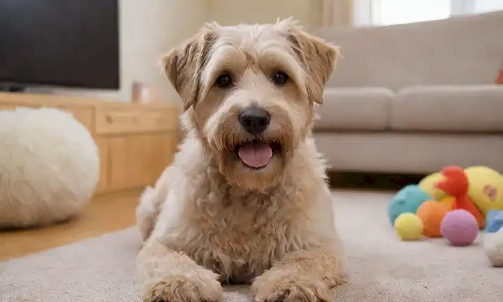 Un perro alegre, de raza dulce, suave, de color trigono, amigable, relajado, sentado, rodeado de juguetes y un acogedor fondo de sala de estar, con un enfoque sutil en sus oídos adorables y ojos expresivos