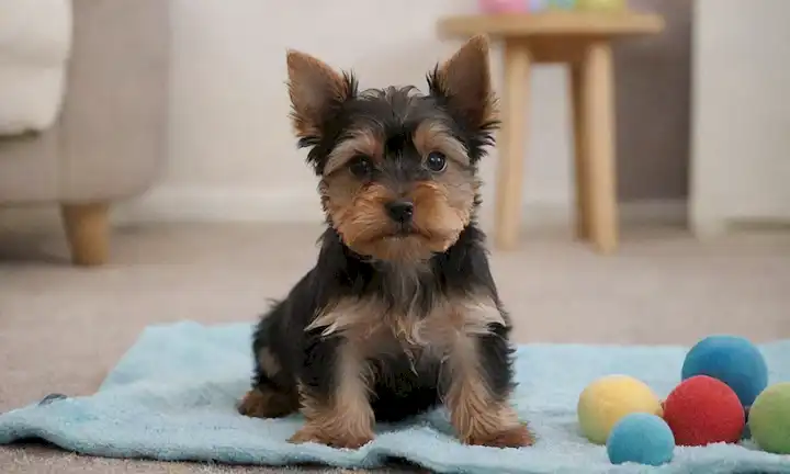 Un tranquilo y juguetón Yorkshire Terrier cachorro con ojos brillantes, piel suave y una cola suave, sentado en una manta o alfombra, rodeado de juguetes, con un tazón de agua cerca, en un acogedor entorno interior con luz natural