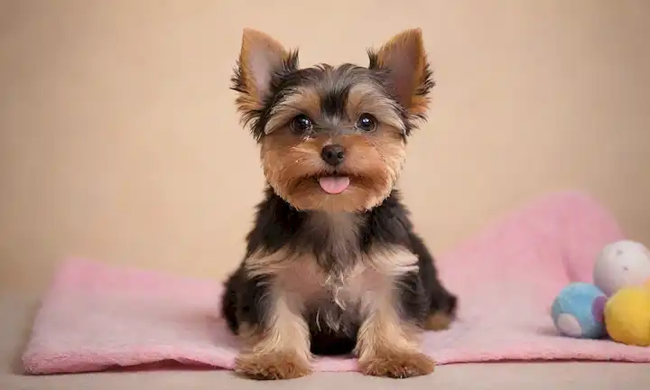 Un pequeño y adorable cachorro de Yorkie con un abrigo suave, sentado o acostado en una superficie suave, rodeado de juguetes y posiblemente una manta, mostrando sus características faciales entrañables, ojos grandes y orejas lindas, contra un fondo de color cálido, con un efecto gradiente borroso o sutil para crear un sentido de coziness